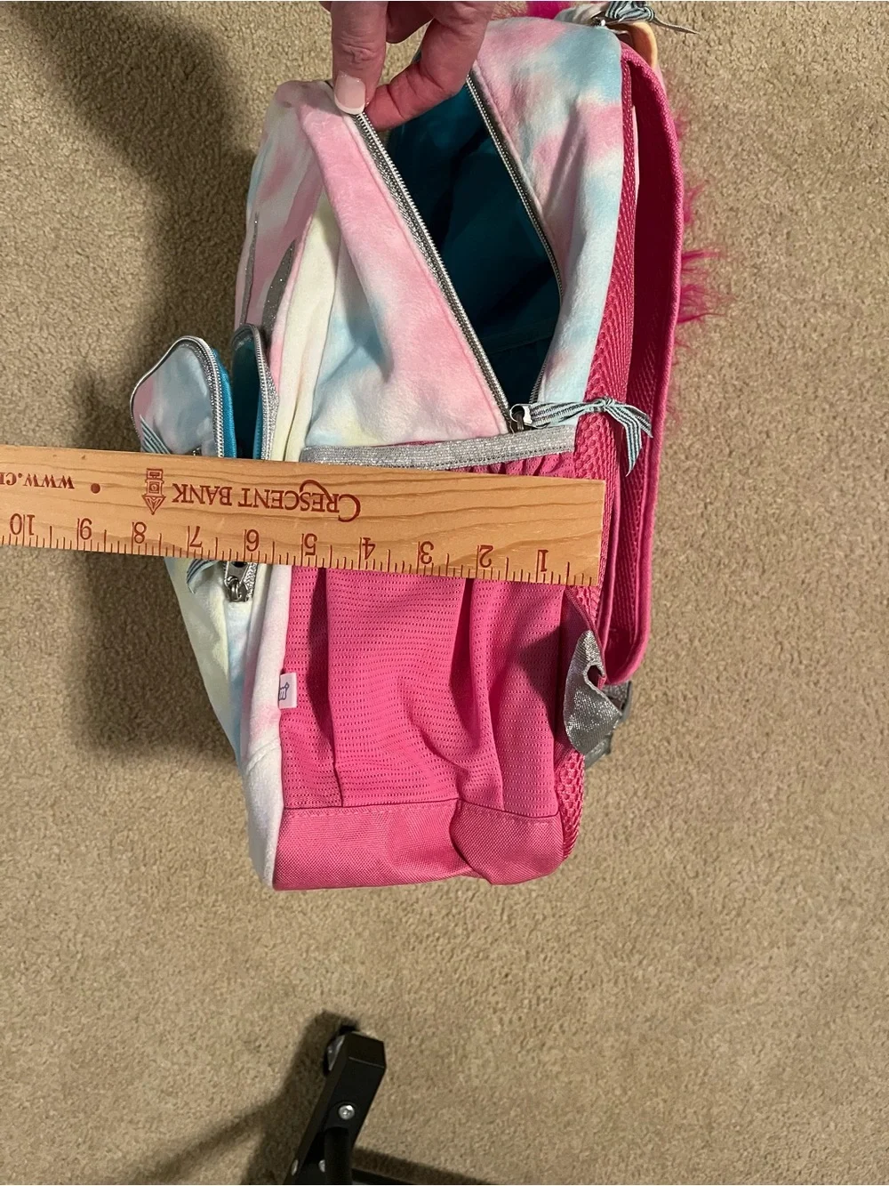 Unicorn Hoodie Tie-Dye Backpack with Pink Mane. Like New. Measurements in photos